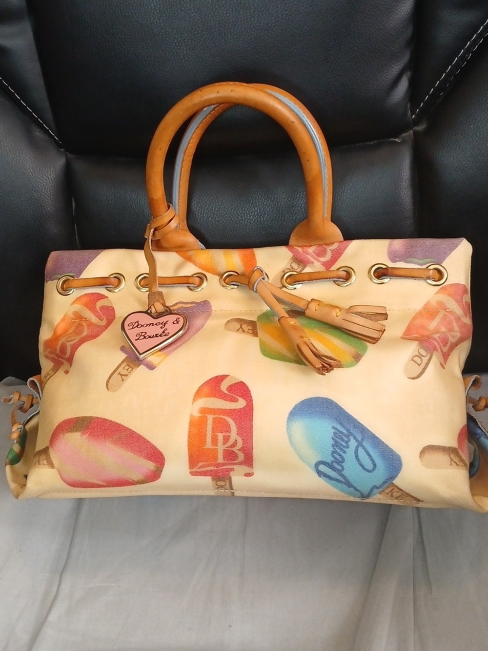 Dooney & Bourke Cream Popsicle Print Satchel with Tan Leather Handles